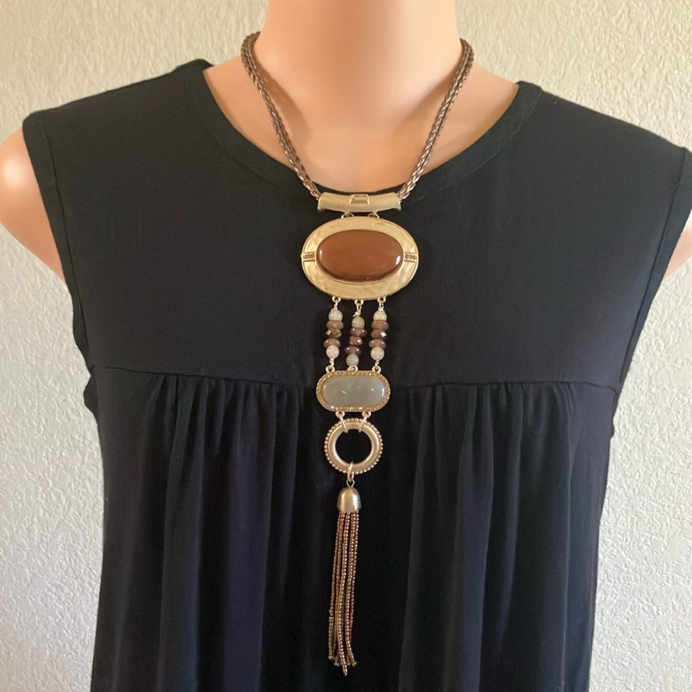 Chic Gold and‎ Brown Pendant Statement Beaded Necklace